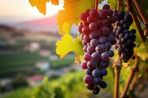 druva fält växande för vin. röd vindruvor närbild, vingård kullar. ai genererad foto