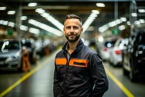 tysk ingenjör inspekterande en bil fabrik Foto med tömma Plats för text
