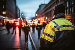 polis kommenderar riktande trafik i en upptagen stad Foto med tömma Plats för text