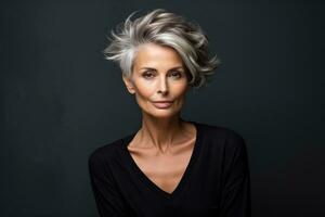 senior kvinna i stil av frisör porträtt Foto med tömma Plats för text