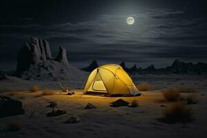 tält med de måne lysande i de natt himmel foto