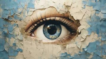 generativ ai, kvinna öga ser genom en trasig hål i årgång papper, blå och beige färger väggmålning. målad hyperrealistisk kvinna konst. foto