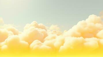 generativ ai, ljus gul fantastisk 3d moln på de golv, himmel och landskap. mild färger och med ljus lampor. foto