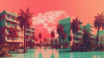 generativ ai, miami sommar vibrafon retro illustration. årgång rosa och blå färger, byggnader, kalifornien palmer, 80s stil foto