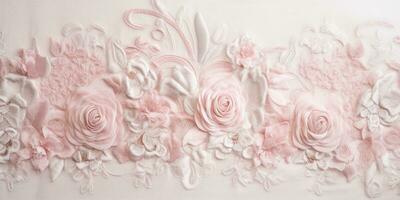 generativ ai, broderad sjaskig chic barock ljus rosa ro mönster. blommig skriva ut på silke bakgrund foto