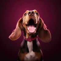 generativ ai, porträtt av en Lycklig hund ser på de kamera med mun öppen på rosa bakgrund foto