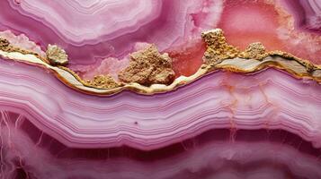 generativ ai, naturlig vulkanisk agat stenar närbild ljus rosa magenta och gyllene textur. tapet bakgrund, kvarts marmor, dekorativ sten mönster foto