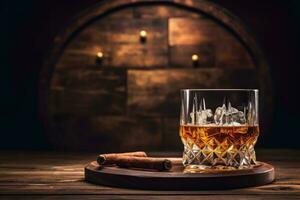 whisky glas och cigarr på trä- tabell foto