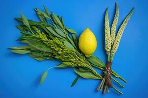 jewish festival av sukkot. traditionell symboler etrog och lulav på blå bakgrund foto