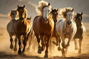 grupp av hästar löpning galopp i de öken. generativ ai foto