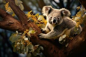 förtjusande koala på eukalyptus träd foto