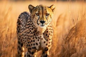 gepard, acinonyx jubatus står i lång gräs i savann. generativ ai foto