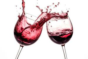 två glasögon av röd vin på vit bakgrund. generativ ai foto