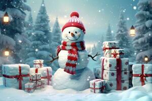 jul gåva lådor på snö med snögubbe. generativ ai foto