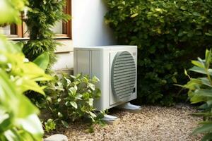 luft källa värme pump installerad i bostads- byggnad. generativ ai foto