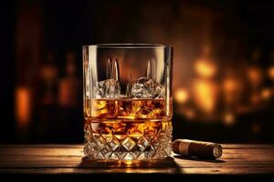 whisky glas och cigarr på trä- tabell foto