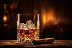 whisky glas och cigarr på trä- tabell foto