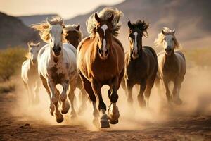 grupp av hästar löpning galopp i de öken. generativ ai foto