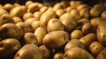 generativ ai, stänga upp färsk organisk hela potatis bakgrund. jordbrukare marknadsföra vegetabiliska foto