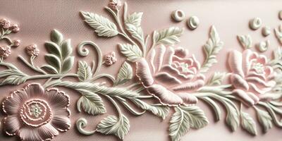 generativ ai, broderad sjaskig chic barock ljus rosa ro mönster. blommig skriva ut på silke bakgrund foto