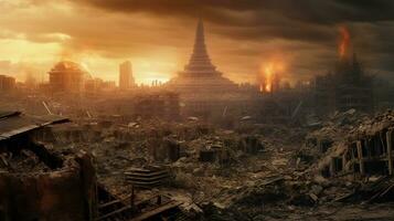 generativ ai, förstörelse i de stad, bränt stad gata med Nej liv, apokalyptisk scen foto