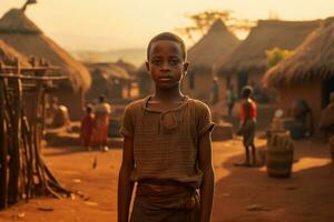 porträtt av afrikansk pojke i by. generativ ai foto