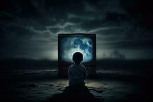 pojke Sammanträde i främre av TV uppsättning. barn missbruk. generativ ai foto