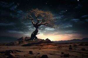 ensam torkades träd i öken- landskap på starry natt. generativ ai foto