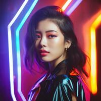 asiatisk kvinna porträtt på abstrakt färgrik bakgrund. generativ ai foto