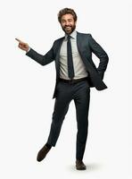 Foto självsäker ung affärsman i kostym stående med pekande finger