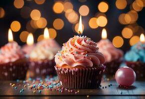 födelsedag muffins med fläck bakgrund färgrik ballonger realistisk bild, ultra hd, hög design mycket foto