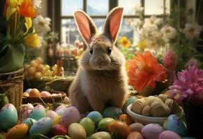 Foto Lycklig kanin med många påsk ägg på gräs festlig bakgrund för dekorativ design