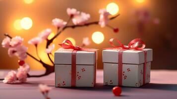 gåva lådor med blomning gren på bokeh bakgrund. ny år, mitten höst festival, firande, generativ ai foto