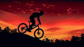 silhuett av en berg cyklist på en solnedgång bakgrund. foto
