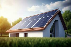 sol- paneler installerad på de tak av en hus. alternativ energi källa foto