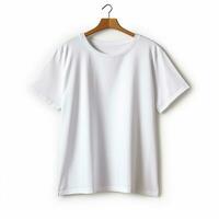 vit flickor t-shirt på en trä- galge isolerat på vit bakgrund foto
