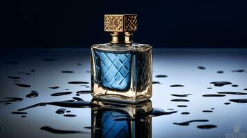 parfym flaska på en blå bakgrund foto