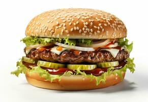 dubbel- hamburgare isolerat på vit bakgrund färsk burger snabb mat med nötkött och grädde ost realistisk bild, ultra hd, hög design mycket detaljerad foto