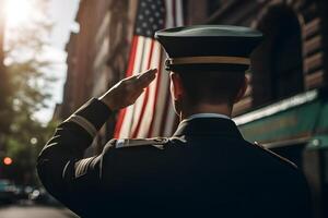 respekt och hedra en fängslande tillbaka se fotografi av militär hälsning de USA flagga, en hyllning till patriotism och offra generativ ai foto