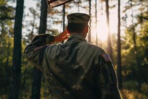 respekt och hedra en fängslande tillbaka se fotografi av militär hälsning de USA flagga, en hyllning till patriotism och offra generativ ai foto