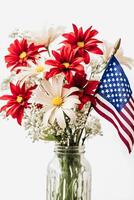 patriotisk blooms vibrerande amerikan flagga Färg blommor på en vit bakgrund med kopia Plats generativ ai foto