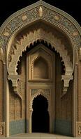 islamic moské interiör design, palats interiör med gyllene dekor, ai generativ foto