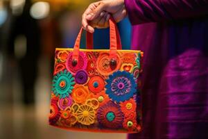 en stänga - upp skott av en person innehav en handla väska med vibrerande färger och mönster. generativ ai foto