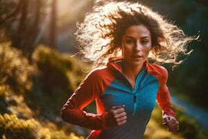 närbild skott av kvinna idrottare löpning på solnedgång i nationell parkera. generativ ai foto