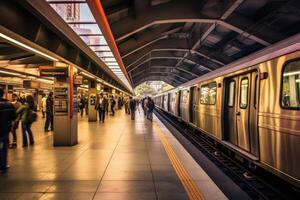 bred - vinkel skott av en fullt med folk tunnelbana station under rusa timme, highlighting de effektivitet och kapacitet av offentlig transport. generativ ai foto