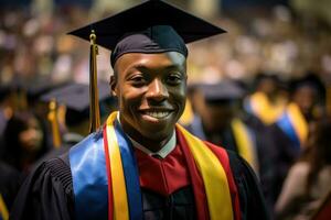 en stänga - upp skott av en afro amerikan man examen innehav deras diplom med en stolt leende på deras ansikte. generativ ai foto