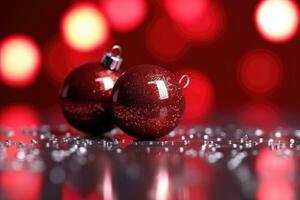 gåva låda med röd band och röd jul boll i främre av bokeh röd bakgrund. generativ ai foto
