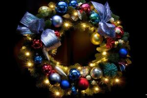 en stänga - upp skott av en festlig ny år krans Utsmyckad med glittrande ornament, gnistrande lampor, och band. generativ ai foto
