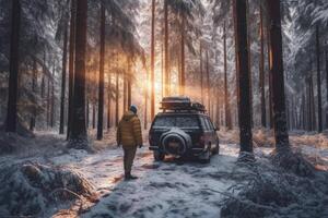 en man promenader förbi de bil i en snöig skog för camping. generativ ai foto