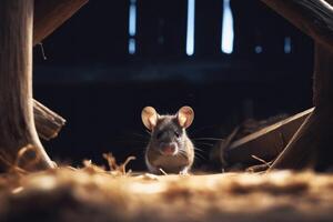 söt brun mus är vandrande runt om en bruka hangar. generativ ai foto